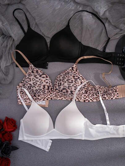 3 piezas de sujetadores inalámbricos de copa suave con estampado sólido y de leopardo para mujer