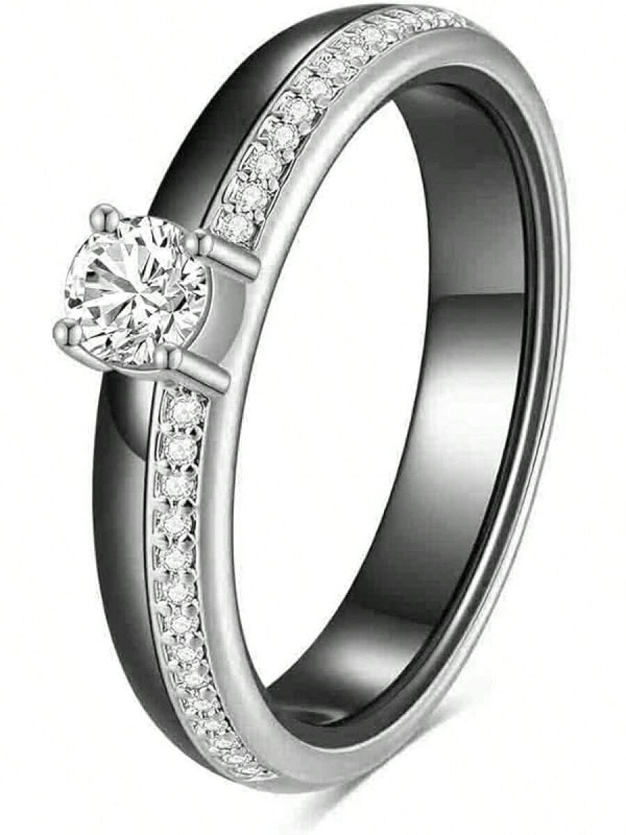 6mm White/Black Ceramic Rings Plus Cubic Zirconia For Women Comfort Fit Engagement Wedding Band Size 5-122025 - 4mm Black+Silver - View 1