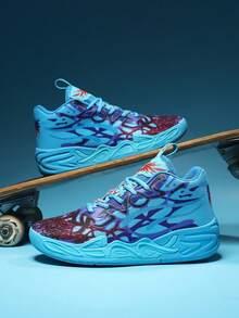 Men's Fashionable Shock-Absorbing Sports Shoes, Graffiti Teenage Basketball Shoes - Comfortable, Breathable, Non-Slip, Shock-Absorbing Sports Shoes Suitable For Training, Running And Walking (Handpainted Uneven, Camouflage Asymmetrical Pattern) - Blue and Purple - View 3