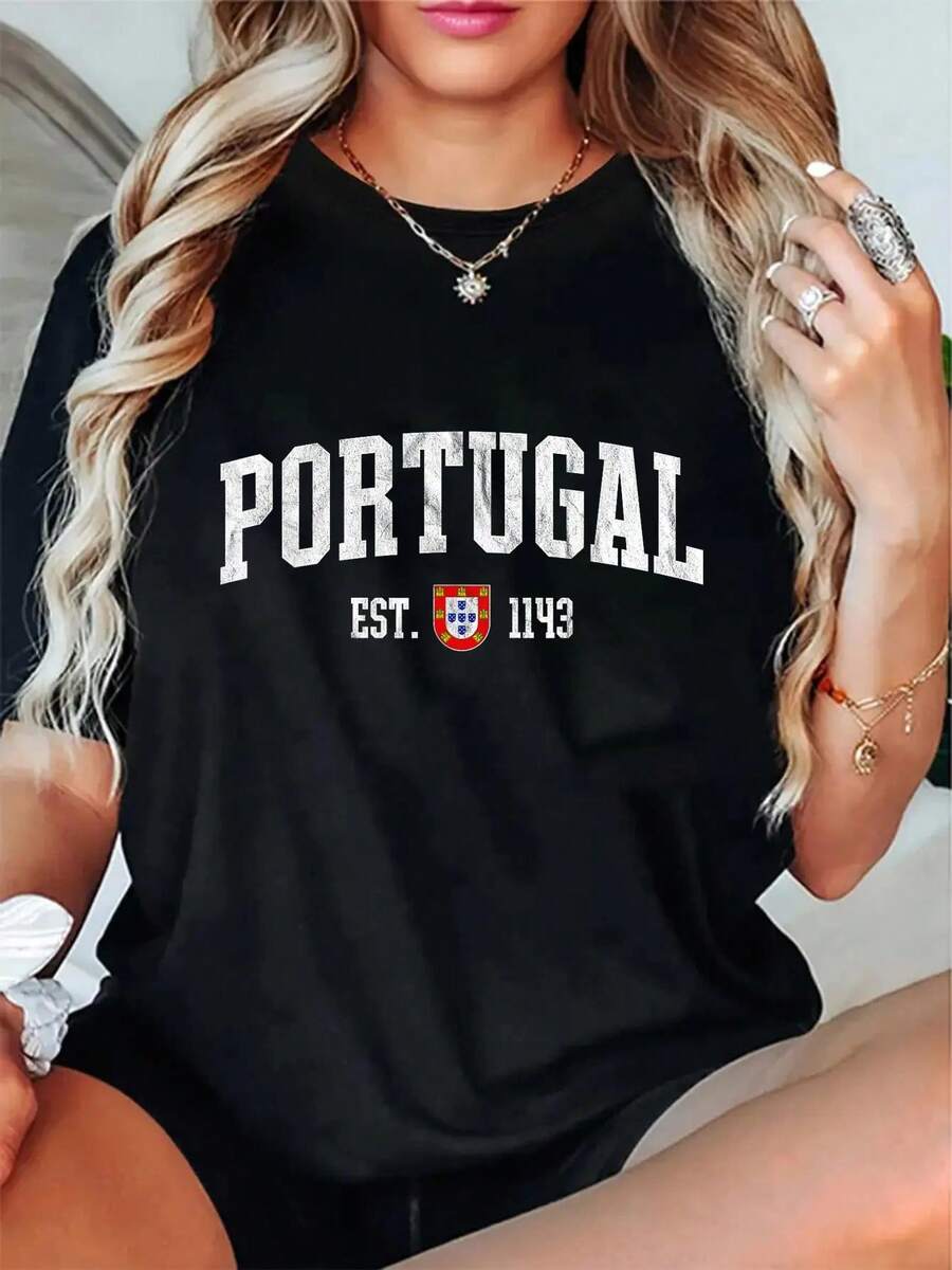 100% Cotton Portugal Est. 1143 - Portuguese Flag Quinas Retro Distressed T-Shirt Women's Men's Summer Comfort Soft Crew Neck Tee Tops - 黑色 - 查看 1
