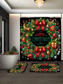1/3/4 Stücke Weihnachts Duschvorhang Set, Weihnachts Schleife und Geschenk Muster bedruckter Badezimmer Fenster Duschvorhang Set, Badezimmer Set beinhaltet rutschfeste Badematte, U-förmige Toilettenvorleger, Toilettendeckel Abdeckung und Duschvorhang Zubehör, geeignet für Badezimmer Dekoration, Heimdekoration und Duschdekor, Feiertags Geschenk, Feiertags Dekoration, Weihnachtsdekoration