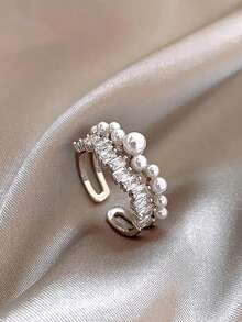 1 chiếc nhẫn dự tiệc cocktail đính đá Cubic Zirconia giả ngọc trai sang trọng độc đáo dành cho nữ - Bạc - Xem 6