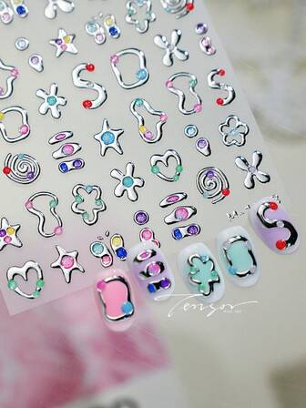 1 件 5D Y2K 银色星星和心形浮雕指甲贴纸，闪亮金属指甲贴花，DIY 美甲装饰，女士和女孩的美甲用品，自粘，可重复使用，非常适合节日美甲和送礼。