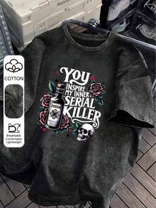 T-shirt d'été à manches courtes en coton pour femmes grandes tailles avec imprimé bouteille de poison, rose et crâne. Top casual et confortable pour un port quotidien