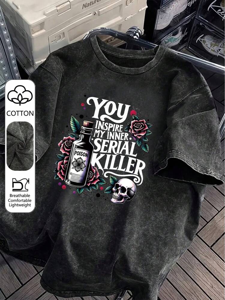 大码女式纯棉短袖T恤，印有毒药瓶、玫瑰和骷髅图案，休闲舒适，适合日常穿着，黑色，夏季款 - 黑色 - 查看 3