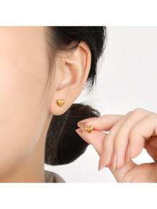 Sweet Style Versatile Heart-Shaped Stud Earrings For Women, Gold Color Small Unique Heart Design Titanium Steel Plated Jewelry