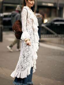 Women's Lace Ruffled Cardigan With V Neck Flared Sleeves  Asymmetric Hem For Elegant Casual And Street Styles - 白色 - 查看 7