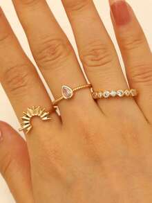 Bộ 3 nhẫn trang trí hình trái tim, giọt nước và mặt trời đính đá, thời trang, thanh lịch, đa năng, phù hợp cho phụ nữ, hẹn hò, ngày lễ, tiệc tùng, sinh nhật - Vàng - Xem 8