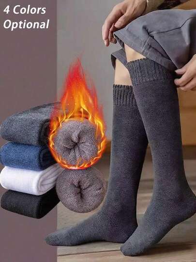 1/2/3/4/5/6/7 Pairs Of Men's Calf Socks,Plush Lined Snow Socks Towel Socks,Knee-High Socks With Moisture Wicking & Odor Control, Thickened And Plush Super Thick Socks, Men's Long Socks, Solid Business Men's Socks, Warm And Soft,Suitable For Autumn And Winter Seasons