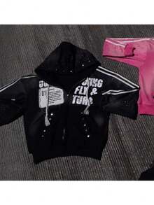 Versatile Fashion Street  Personality Hooded Zipper Sweater Comfortable Casual Jacket Sweater Letter Printing - 黑色 - 查看 2