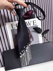 2025 New Design Fringed Tie For Women, Korean Pearl Slouchy No-Tie Necktie To Match Shirt, Black Color - Đen-a - Xem 6