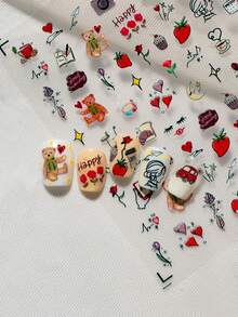 A High-End Romantic Nail Sticker With Relief Laser Technology, Graffiti Hand Drawn Style, Featuring Romantic Roses, Cute Bears, Heart Data And Other Hand Drawn Patterns, Suitable For Personal DIY And Nail Phone Decoration