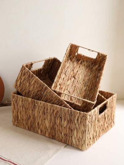 1pc/3pcs Water Hyacinth Wicker Basket Set, Rustic Bathroom Storage Basket, Laundry Basket, Toilet Paper Holder Basket With Wooden Handle, Decorative Home Storage Basket, Organizer Basket, Multipurpose Basket With Dual Handles, Bohemian Style, Lightweight And Durable, Suitable For Desk, Living Room, Bathroom, Bedroom, Kitchen, Organizing And Storing Items, Home Decor Basket