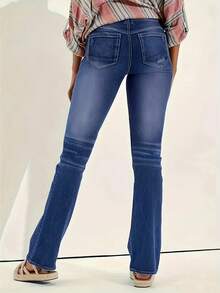 Women's Casual Fit Straight Leg Jeans, Paired With Multiple Button Decorations, Suitable For All Seasons, Suitable For Daily Outings, Parties, Vacations, Festivals, Rural Concerts - 薄荷藍 - 查看 4