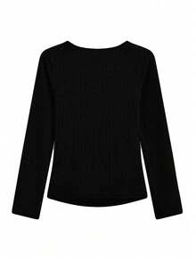 2-In-1 Fleece Knit Undershirt For Women, Fitted Lace Trim Crop Top, Autumn/Winter - Black - View 5