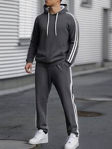 2 Peças Conjunto Esportivo Masculino, Conjunto Esportivo Casual com Capuz, Roupas de Outono