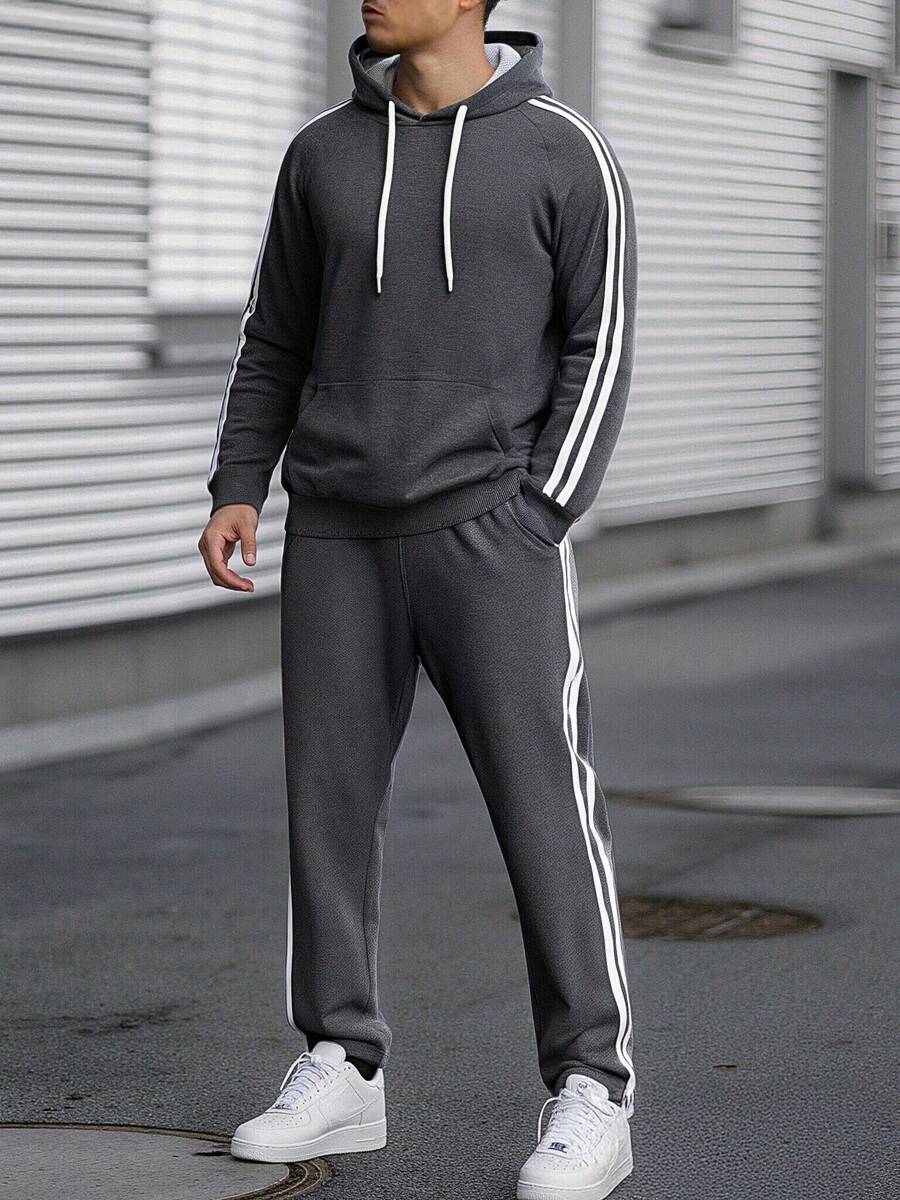 2 Peças Conjunto Esportivo Masculino, Conjunto Esportivo Casual com Capuz, Roupas de Outono