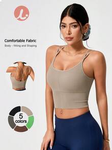 Leorrey 1pc Women's Fashion Sexy Criss-Cross Spaghetti Strap Ribbed Bodycon Soft Comfortable Sportswear - Khaki - View 2