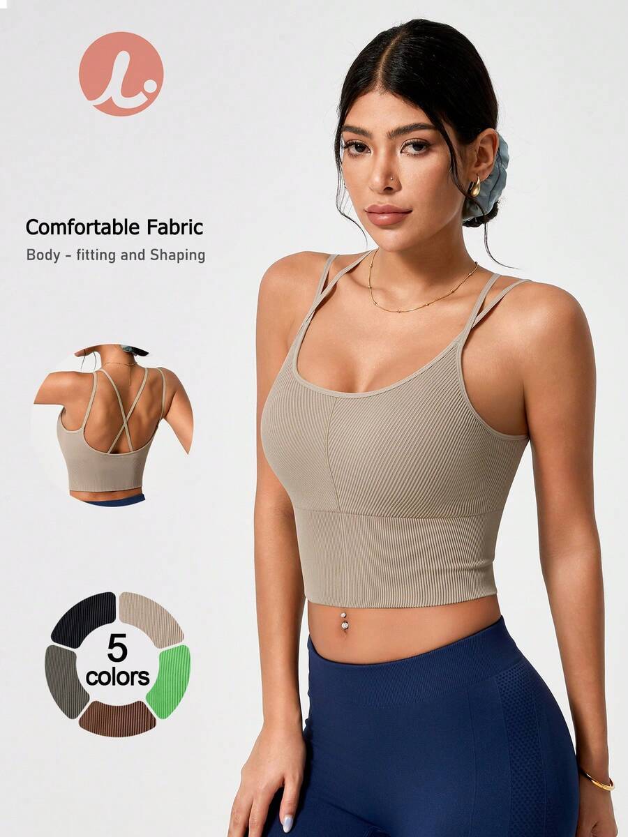 Leorrey 1pc Women's Fashion Sexy Criss-Cross Spaghetti Strap Ribbed Bodycon Soft Comfortable Sportswear