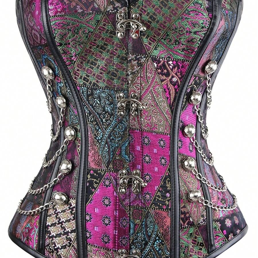 Gothic Vintage Purple Floral Jacquard Corset Top With Golden Metal Chains & Buttons - High Support Non-Transparent Bustier For Adults, Elegant Special Collection, Special Occasion Wear | Jacquard Fabric - Màu tím - Xem 1