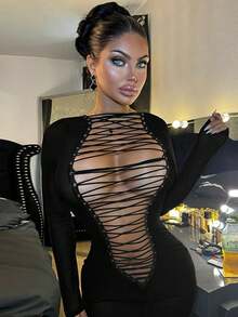 Sexy Reversible Wrap Bodycon Mini Dress - Double Sided Lace Up Front & Back Short Dress - Negro - Ver 2