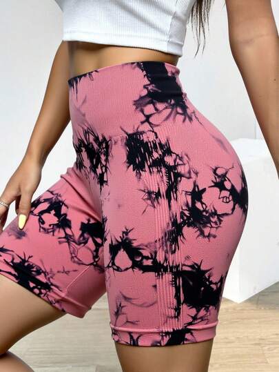 Pantalones cortos deportivos ajustados para mujer con estampado tie-dye, color degradado en contraste, de alta elasticidad y costura Brasileña