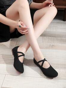 1cm Low Heel Indoor/Outdoor Dance Shoes, Women's Ballet Flats, Black Athletic Shoes, Rubber Sole Soft Bottom Latin Dance Shoes, Elastic Slip-On Sports Shoes, Performance/Practice/Ballroom Dance