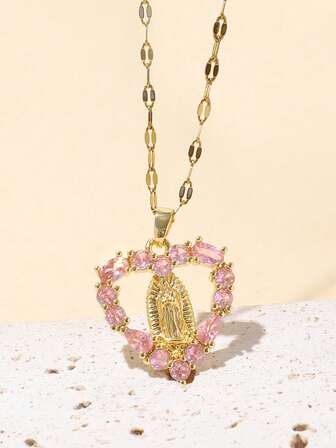 1 pieza Colgante de collar con corazón de Virgen María, diseño retro hueco, incrustado con circonia rosa, para mujer, joyería católica de boda, regalo de bendición del Día de San Valentín