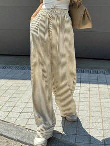 Wide Leg Striped Elastic Palazzo Pants With Pockets - 米色 - 查看 3