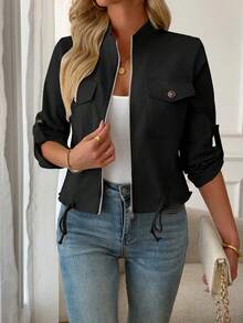 Áo khoác bomber nữ cổ đứng nhẹ - Áo khoác phi công thời trang có khóa kéo với túi trước trang trí và dây rút điều chỉnh ở gấu áo, một lựa chọn lý tưởng cho phong cách đường phố thường ngày vào mùa xuân và mùa thu. Màu đen - màu đen - Xem 4