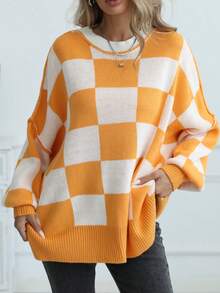 Women's Casual Loose Fit Drop Shoulder Colorblock Turtleneck Pullover Sweater - Orange - View 5