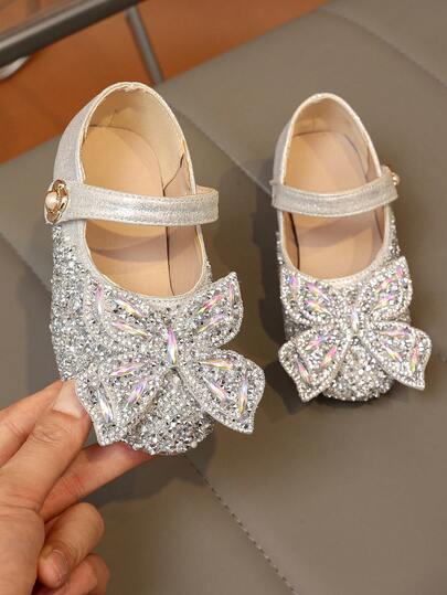 1 Pair Sweet Fairy Style Girls' Mary Jane High Heel Shoes, Rhinestone Bow Decor Double-Layer 3D Design, Suitable For All Seasons, Toddler/Little Kid Sizes, Hook And Loop Closure, Pearl & Rhinestone Embellishment, Perfect For Party & Occasion Wear