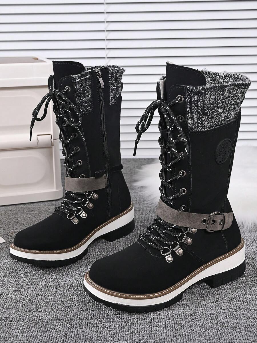 Women's Autumn/Winter New Bohemian Style Mid-Calf Boots, Slimming Round Toe Black Flat Boots, Retro Western Embroidered Riding Boots