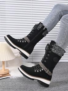 Women's Autumn/Winter New Bohemian Style Mid-Calf Boots, Slimming Round Toe Black Flat Boots, Retro Western Embroidered Riding Boots