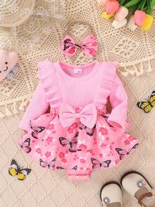 2pcs Set, Casual, Elegant, Sweet, Cute, Baby Girl Dress, Infant Romper, Autumn/Winter Clothing, Soft & Comfortable, Bow Decor, Patchwork Butterfly Print Ruffle, Layered, Dress Romper & Bow Headband