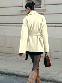 Chaqueta de moda de lana gruesa con hombros caídos y cinturón para mujer, de unicolor con bolsillos, para invierno - Beis - Ver 2
