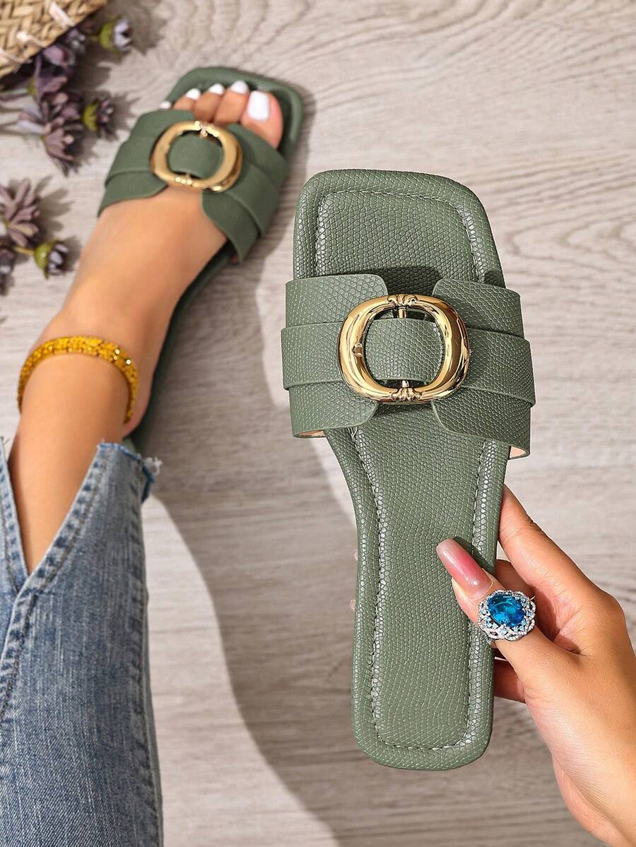 New Spring/Summer Fashion Brand H Style Women Slippers, Casual Strap Slip-On Roman Sandals, Comfortable Slip-On Mule Sandals In Black, Beige, Brown, Flat, Embossed, Desert Key, French Elegant Style, Rhinestone Thick Bottom Wedge Sandals, Beach Shoes, Minimalist Indoor Outdoor Slippers, Crocodile Pattern Flat Sandals, Versatile Metal Decor - Olive Green - View 1