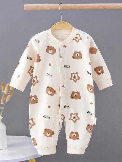 新生儿婴儿连体衣，男婴/女婴，带星星和熊印花，春秋季休闲连体衣