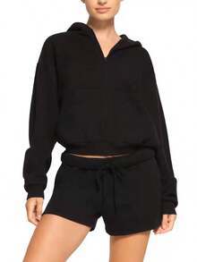 QING ROU 2pcs Set: Sweatshirt + Pants, Fashionable Versatile Soft Loungewear Set, Can Be Worn Outdoors, Autumn/Winter - Black - View 1