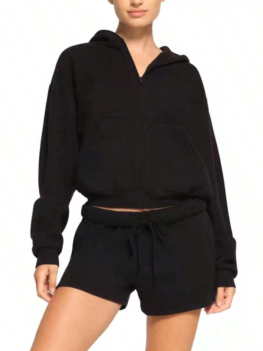 QING ROU 2pcs Set: Sweatshirt + Pants, Fashionable Versatile Soft Loungewear Set, Can Be Worn Outdoors, Autumn/Winter - Black - View 1