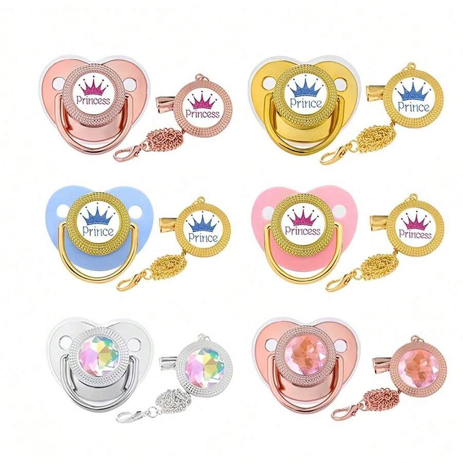 1 Pack Newborn Luxury Silicone Pacifier With Shiny Gems, Gold Baby Pacifier With Clip