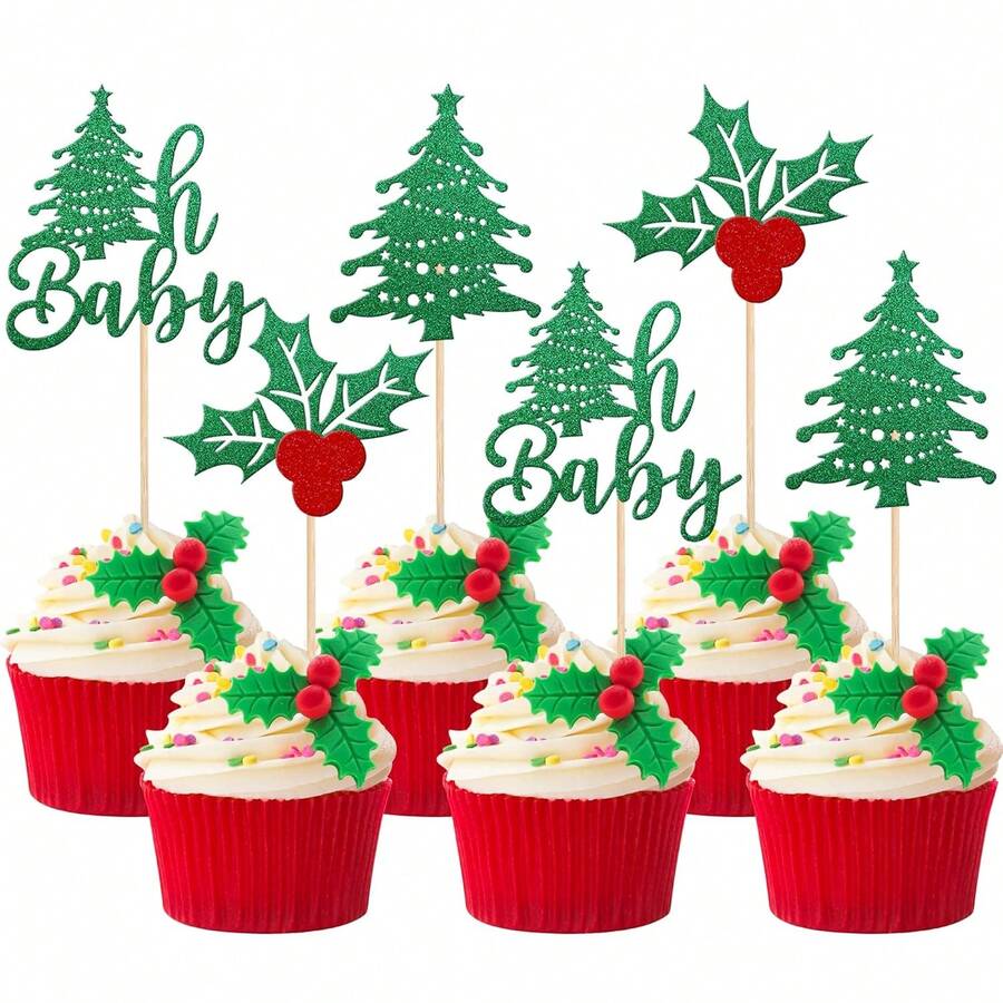 12/24 PCS Christmas Tree OhBaby Cupcake Toppers Glitter Holly Leaves And Berries BabyShower Christmas Cupcake Picks For Christmas Theme Birthday Party Cake Decorations Supplies