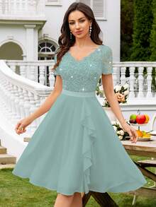 MIUSOL Vestido de gala de gasa con cuello en V, encaje con lentejuelas y volantes, elegante vestido de fiesta para mujeres, adecuado para fiestas formales, vacaciones, ceremonias de graduación y otras ocasiones - Azul menta - Ver 6