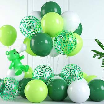Green And White Balloon Set With Confetti For Birthday, Baby Shower, Jungle Party Decorations - Latex Helium Balloons In Dark, Light, And Lime Green