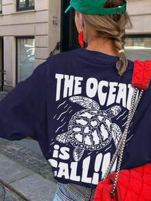 女士夏季度假海洋生物字母印花圆领T恤，图案T恤，有白色、黑色、粉色可选