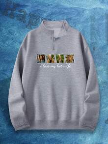 Customized Plus Size Men's Graphic Text Printed Stand Collar Casual Sweatshirt, Fall, Long Sleeve Top - Grey - View 5