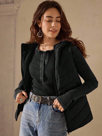 Wildy Abrigo acolchado con capucha sin mangas para mujer, cálido para otoño e invierno, con bolsillos casuales para finales de otoño, abrigos acolchados lisos con cremallera y capucha para mujer, ajuste delgado, negro, para mantener el calor en invierno / Moda de invierno