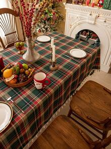 1pc Christmas Green Tablecloth, Tassel Fringe, Retro Green Plaid, Brushed Woven Fabric, Rectangular, Washable, Suitable For Coffee Table, Bedside Cabinet, Autumn/Winter Dining Table Decor, Suitable For Home, Kitchen, Party, Holiday, Christmas, New Year Decoration