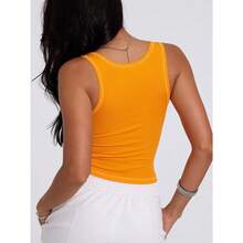 Women Rib Tank Top Padded Workout Top Square Neck Crop Tank Fitted Basic Cami Tops - Neon Marigold - View 4