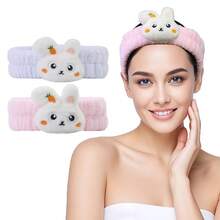 Euuztu Spa Headband Washing Face, 2 Pack Cute Ear Hair Band Shower Yoga Beauty, Fluffy Makeup Headband, Kawaii Headbands Woman Girls, Dark Pink+Purple Heart - 藍粉兔 - 查看 3